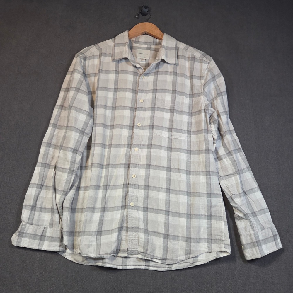American Eagle Button Down Shirt Mens L Grey White Plaid Super Soft Long Sleeve